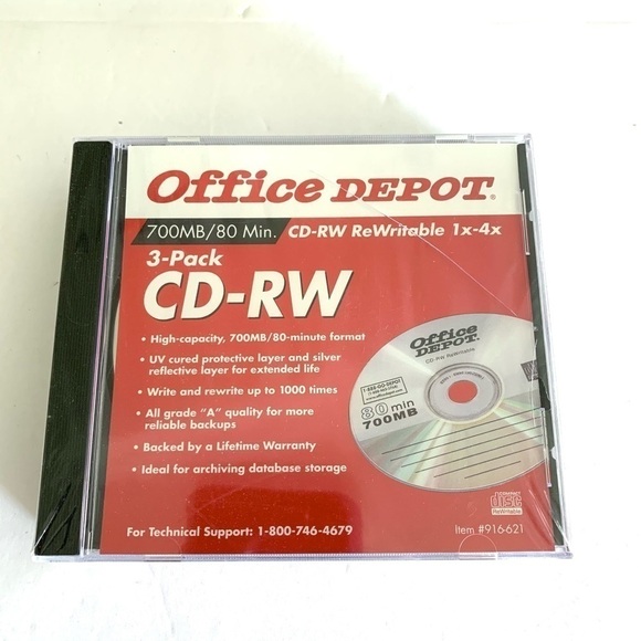NEW CD-RW Rewritable 1x-4x 700MB/80 min. Office Depot - Blank CDRW Media 3 Pack - Picture 1 of 3